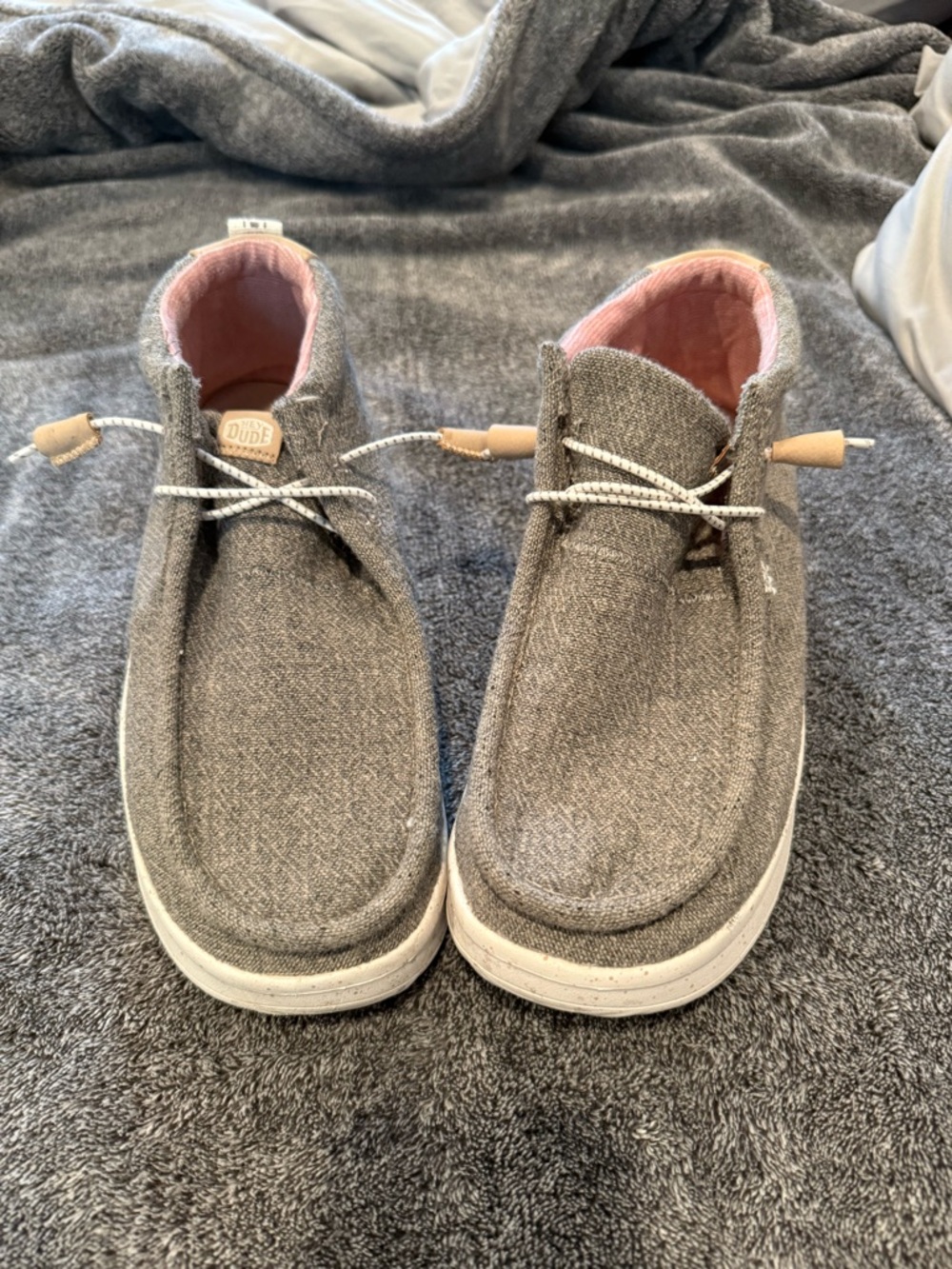 Hey Dude Gray Chambray Slip-On Loafers with Pink Lining